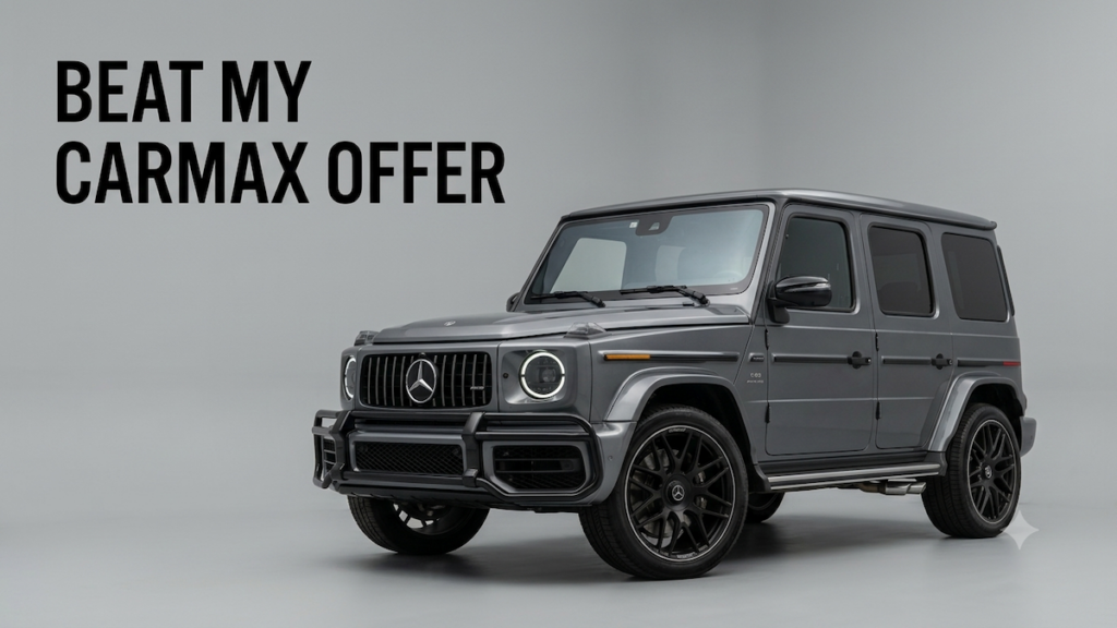Gray Mercedes-AMG G 63 G-Wagon in a studio setting with bold text reading Beat My CarMax Offer. Beat my CarMax offer with Carzilo.