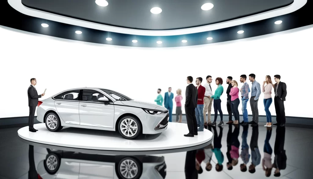 Prospective car buyers of various backgrounds evaluate a new sedan in a dealership showroom, under the 'CarZilo' sign, emphasizing informed car purchasing decisions.