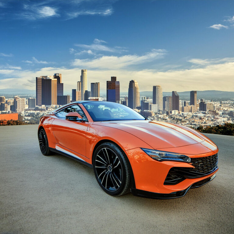 Orange Sports Car Overlooking Los Angeles Skyline Orange sports car parked with a panoramic view of the Los Angeles skyline, representing CarZilo's car brokerage services in LA.