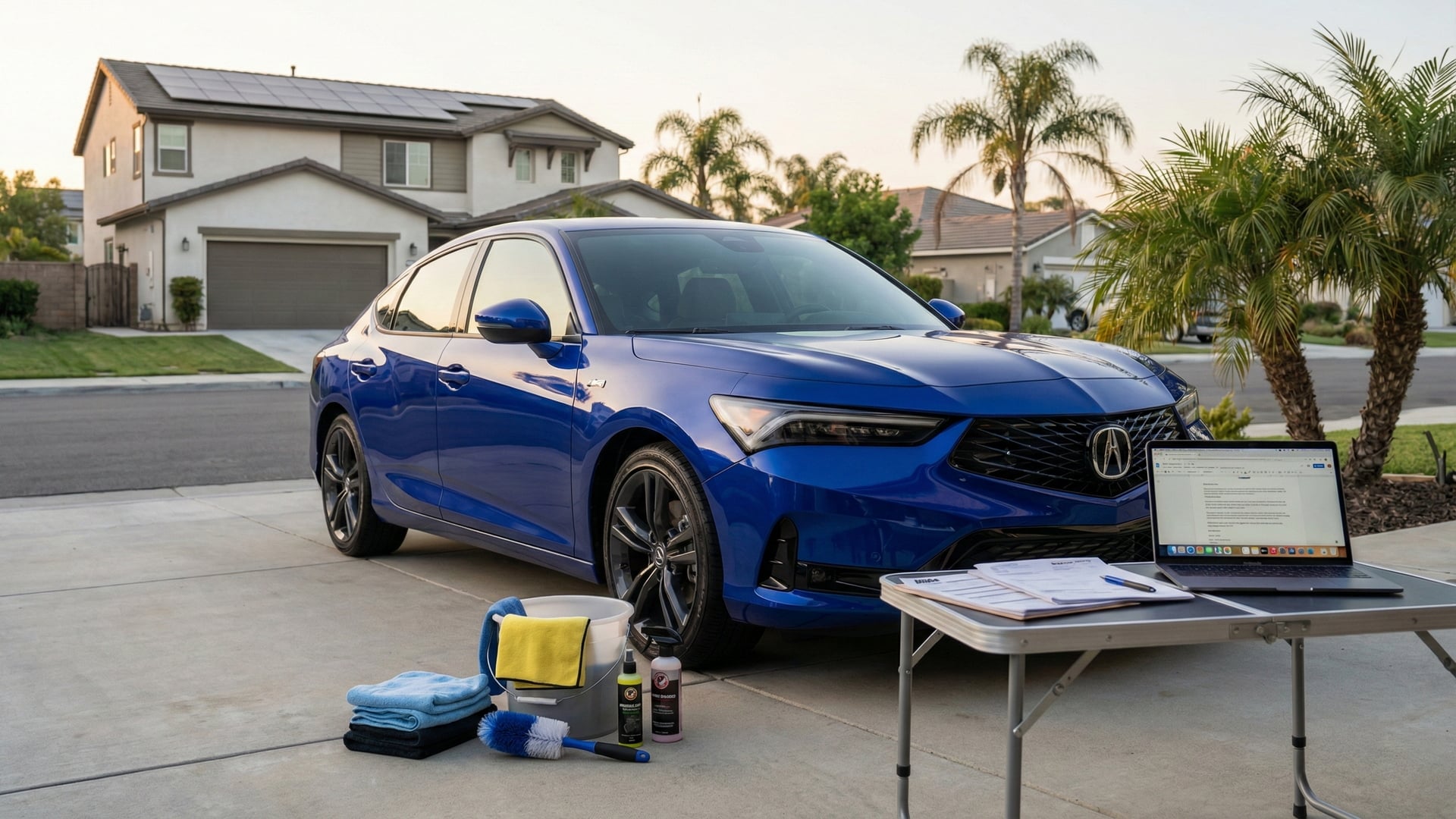 Blue Acura Integra sedan parked in a suburban California driveway with cleaning supplies and a laptop ready to list the car for sale.
