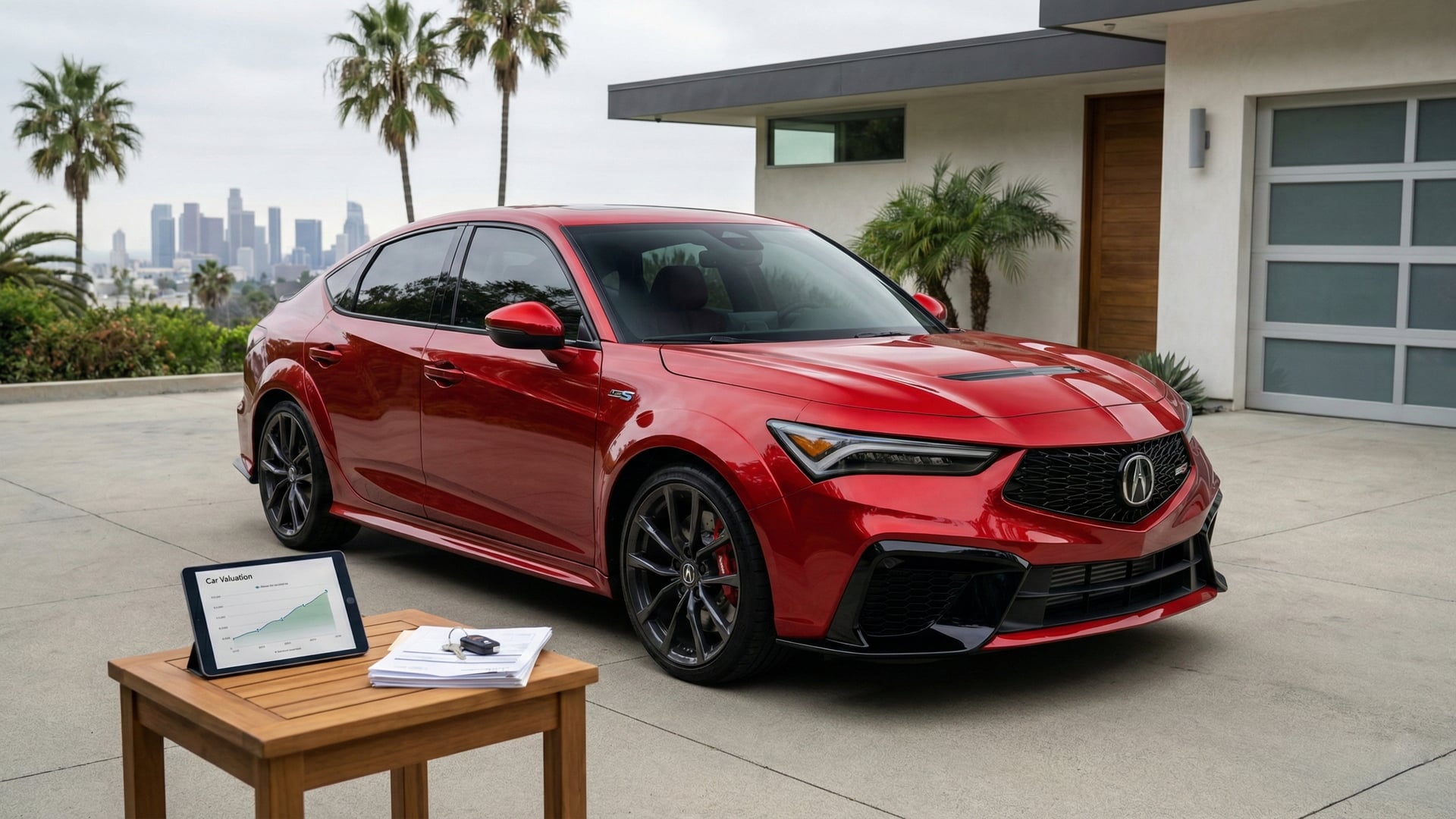 Red Acura Integra sedan parked in a modern Los Angeles driveway with a valuation tablet nearby, ready to sell in California.