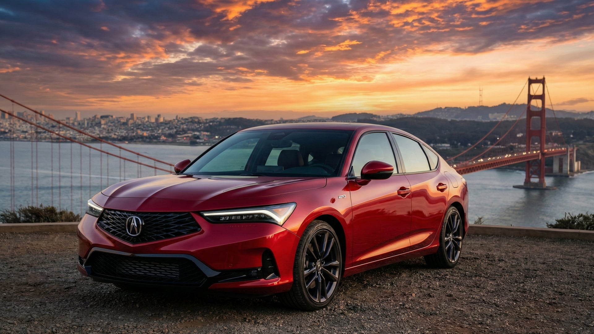 Red Acura Integra sedan parked at an overlook by the Golden Gate Bridge in San Francisco at sunset, illustrating a car ready to sell in California.