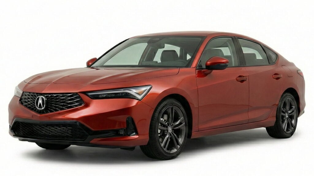 Red Acura Integra sedan at a front angle on a clean white background, shown as a car to sell quickly in California.