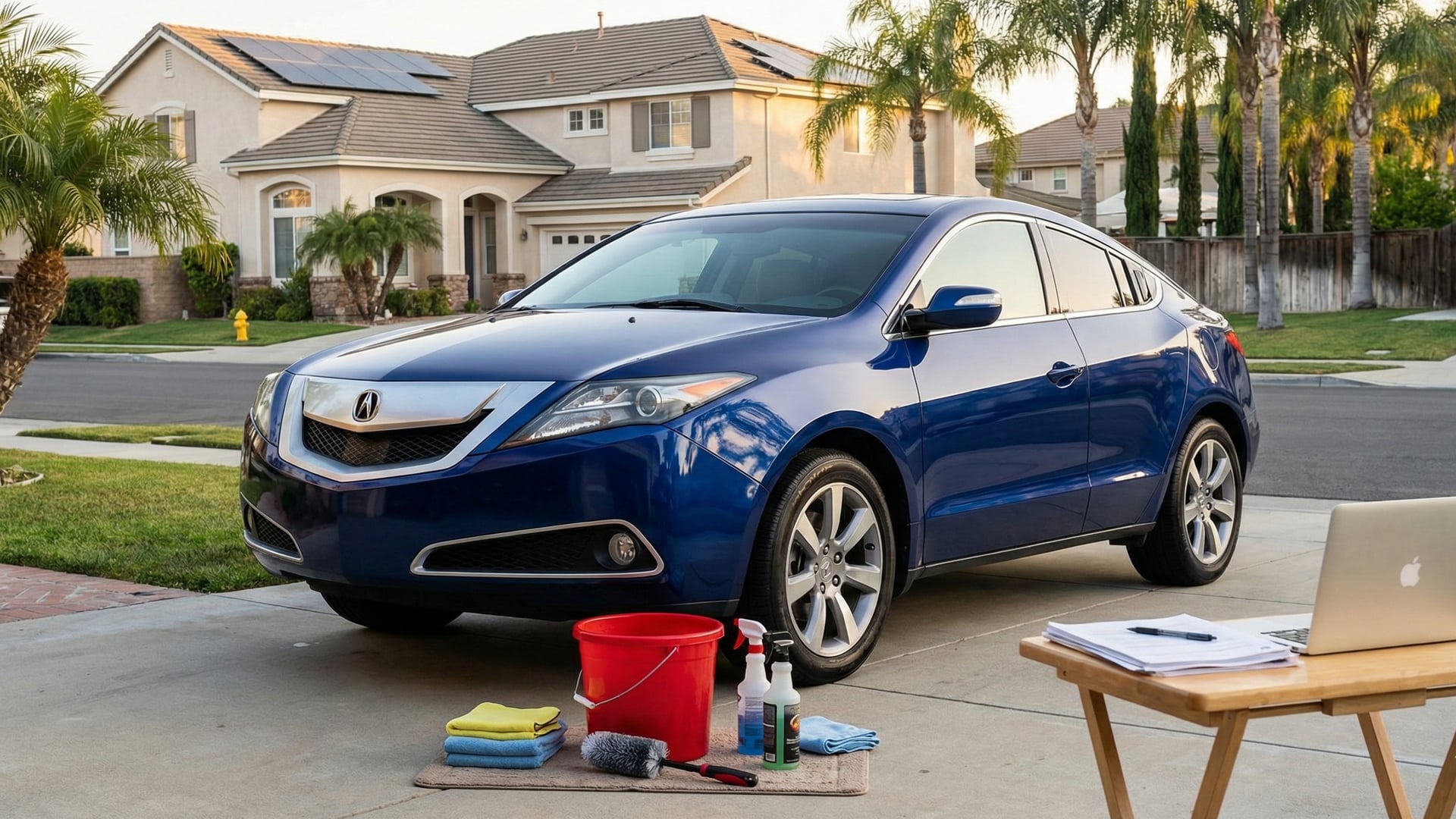 Acura ZDX in blue parked in a suburban California driveway with car wash supplies in front, getting cleaned up to sell.
