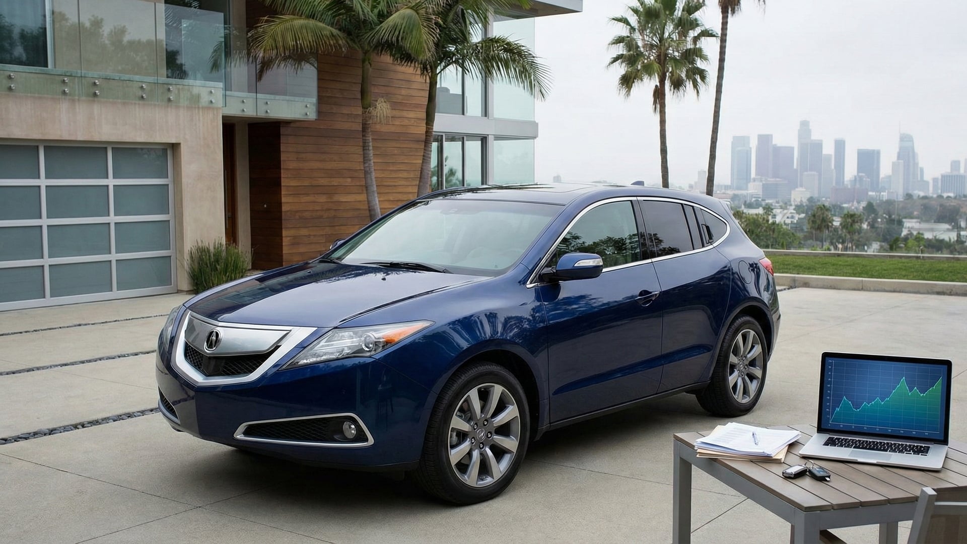 Acura ZDX in blue parked in a modern Los Angeles driveway with palm trees and city skyline, ready for a quick California car sale.
