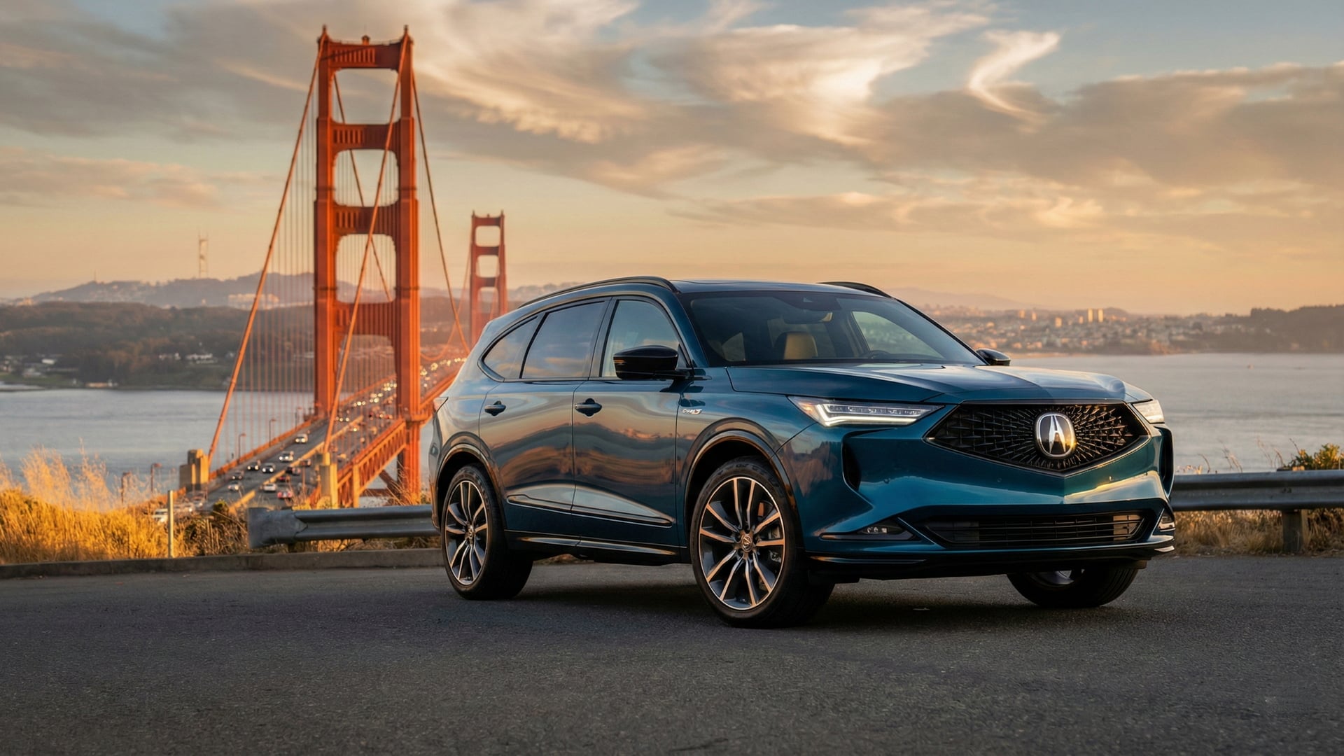 Acura ZDX in teal parked at a scenic overlook near the Golden Gate Bridge in California, ideal for drivers looking to sell their SUV.
