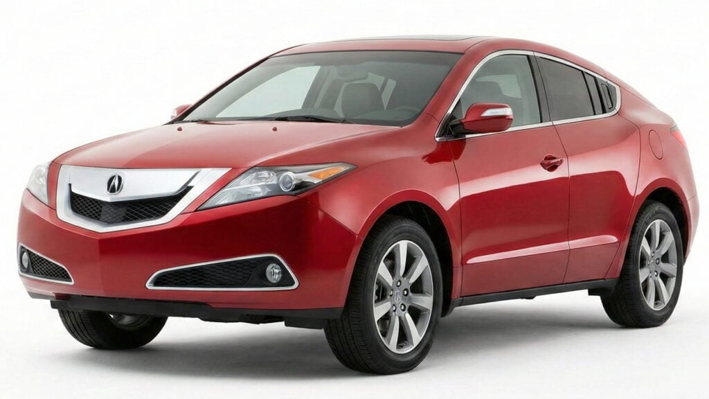Acura ZDX in red shown from a front three-quarter angle on a clean studio background, ideal for California drivers looking to sell their car.
