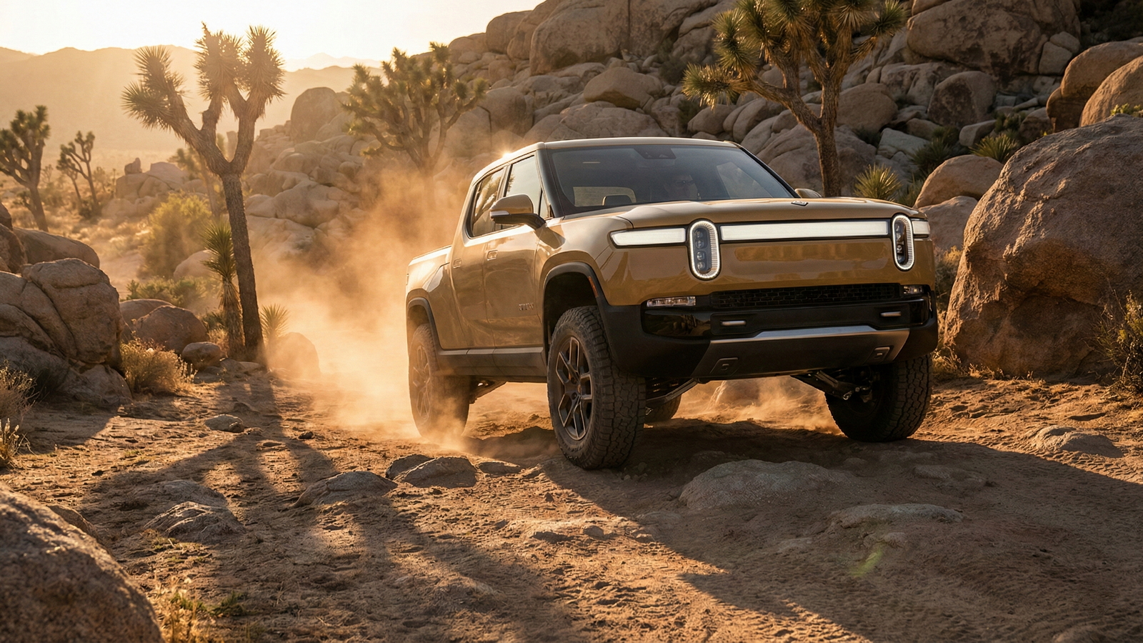 Sell Your Rivian R1T Adventure Truck in California Gold Rivian R1T electric pickup kicks up dust on a rocky desert trail in California at sunset, ready for its next owner.
