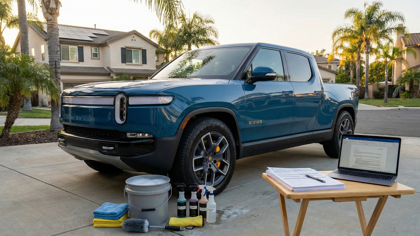Get Your Rivian R1T Ready To Sell In California Blue Rivian R1T electric pickup parked in a sunny California driveway with cleaning supplies and paperwork set out to prepare it for sale.