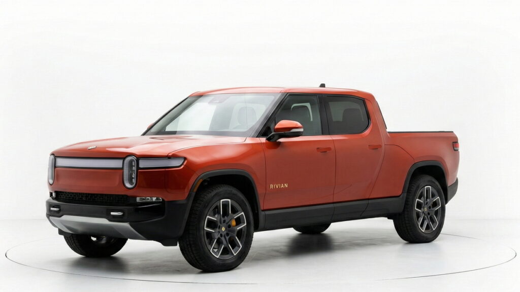 Sell Your Rivian R1T Truck in California Orange Rivian R1T electric pickup truck at a three-quarter front angle on a clean studio background, used for selling a car in California.