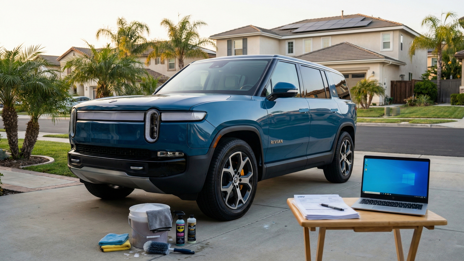 Prep Your Rivian R1S to Sell in California Blue Rivian R1S parked in a sunny California driveway with wash supplies and a laptop ready to complete an online sale.