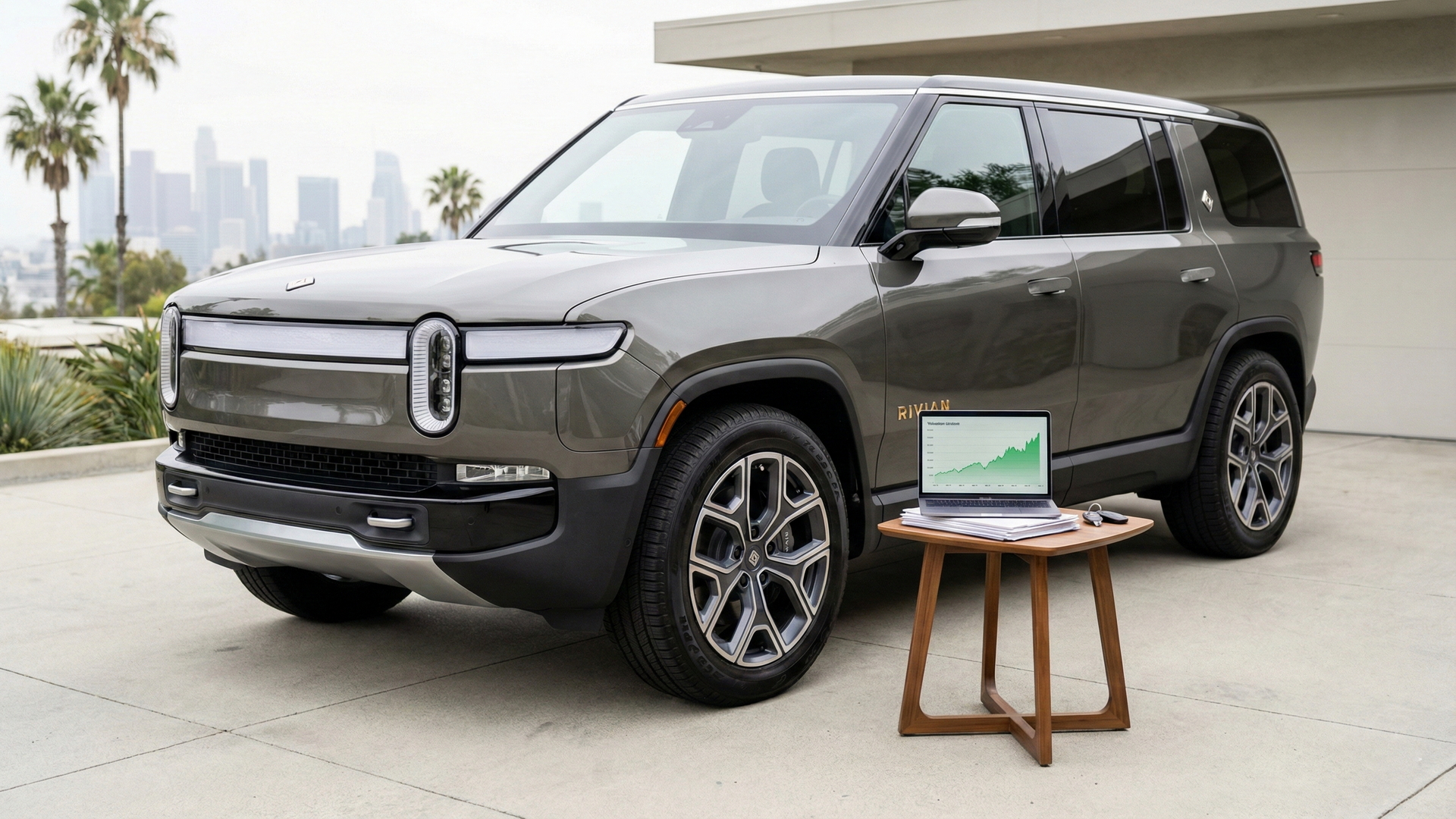 Sell Your Rivian R1S in California Gray Rivian R1S parked in a modern California driveway with a small table and laptop nearby, highlighting a car ready to sell.
