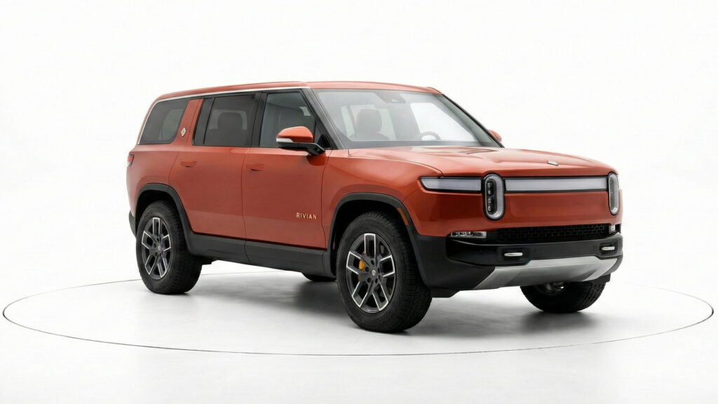 Sell Your Rivian R1S Fast in California Orange Rivian R1S shown from the front side in a clean studio setting for California car sellers.