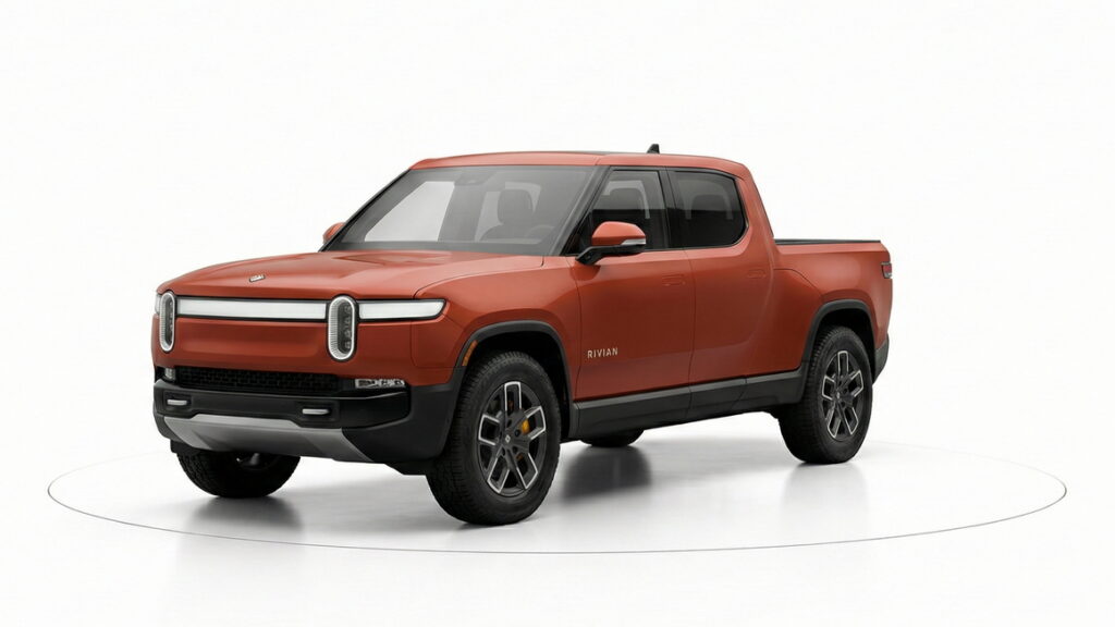 Orange Rivian pickup truck shown at a front angle on a clean studio background, ready to sell in California.
