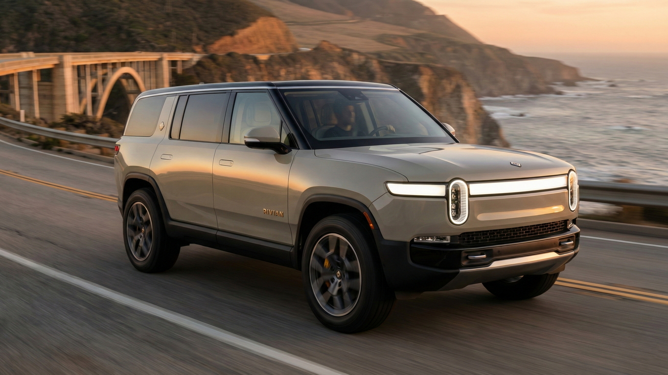 Green Rivian R1S SUV parked by a coastal California highway at sunset with the ocean in the background.
