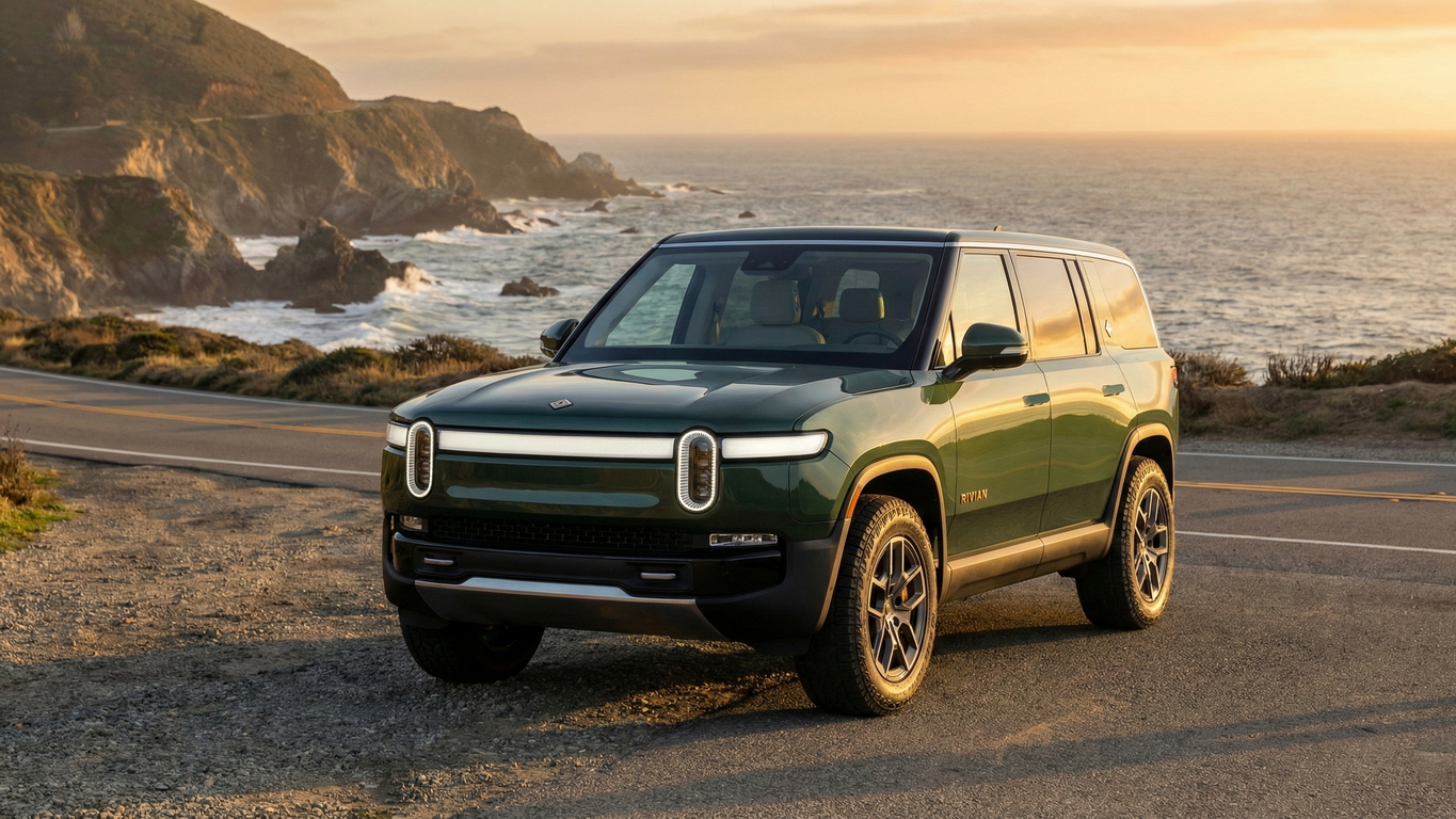 Green Rivian SUV parked near a coastal California highway at sunset, ready to sell.
