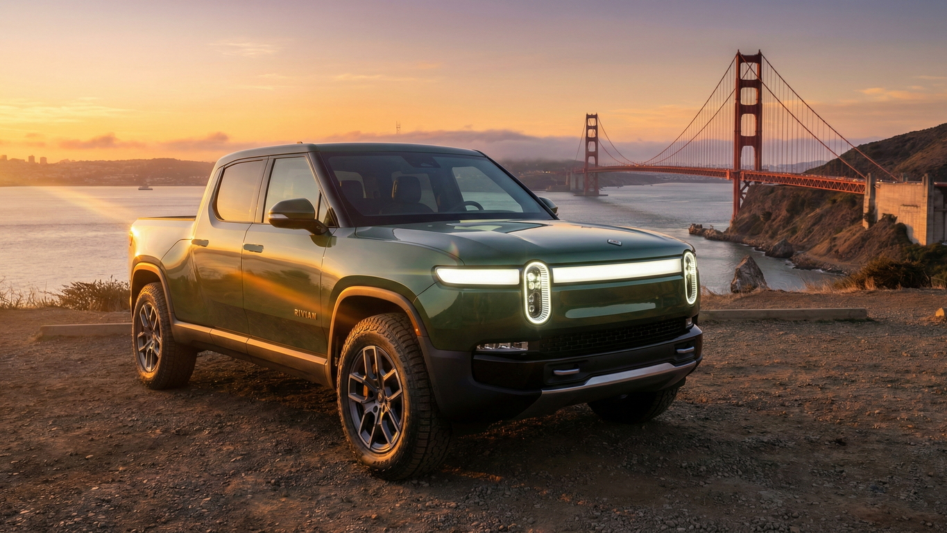 Green Rivian pickup truck parked at sunset near the Golden Gate Bridge in California, ready to sell.
