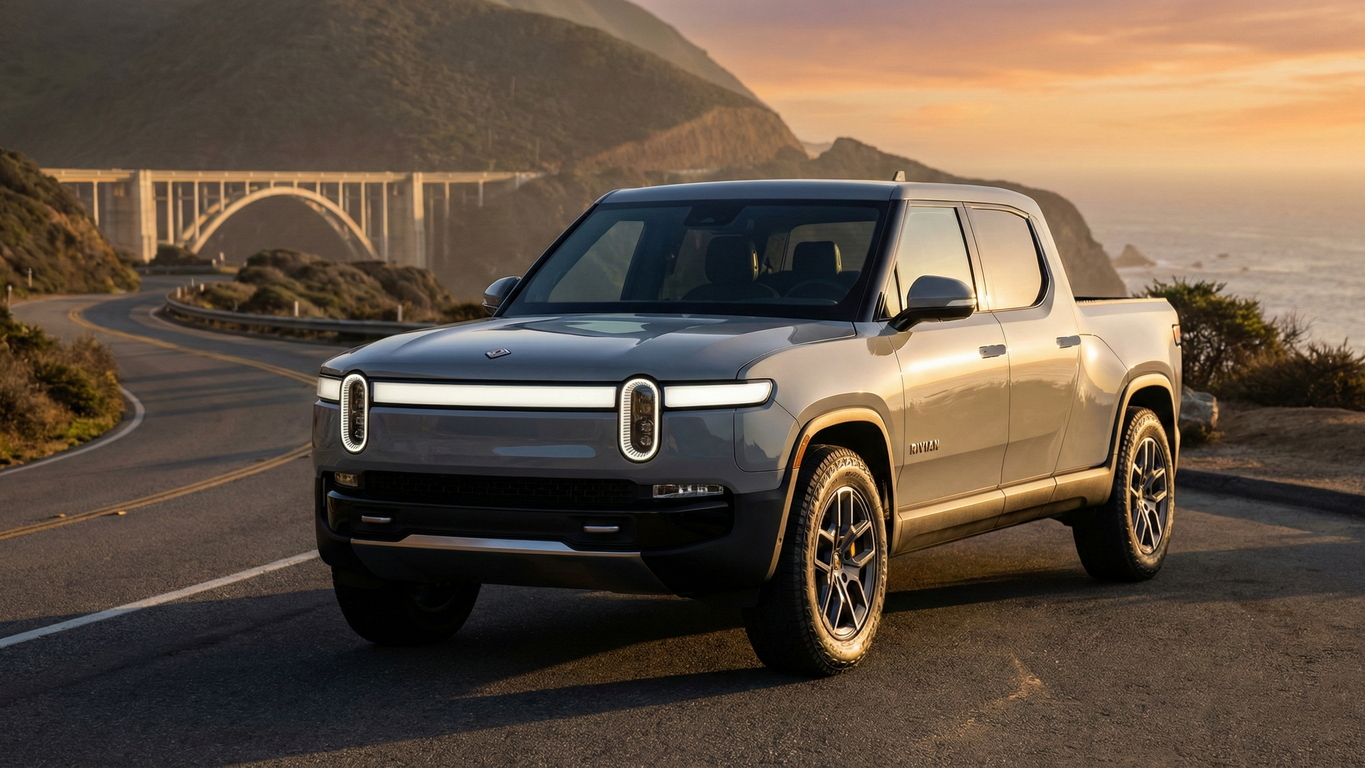 Silver Lucid Truck on California Coast Silver Lucid pickup truck parked on a coastal California highway at sunset, ready to sell.