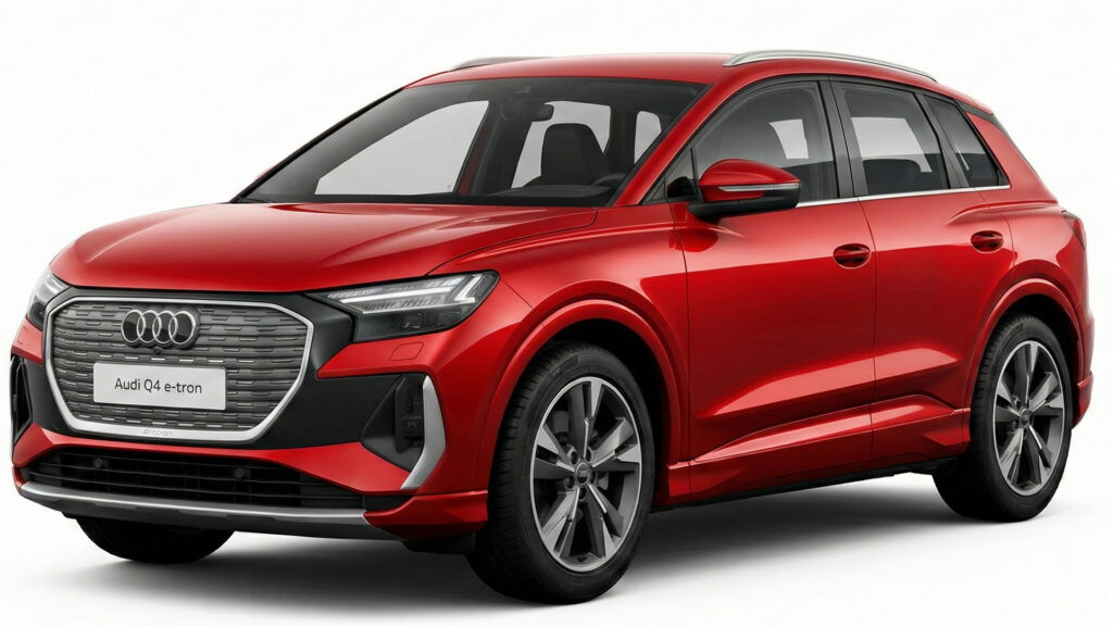 Audi e-tron Q4 red electric SUV shown from a front three-quarter angle on a clean white background for California car sellers.
