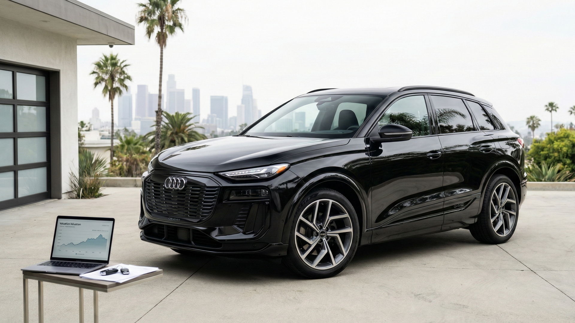 Audi Q6 e-tron black electric SUV parked in a modern Los Angeles driveway with a laptop showing car valuation for a California sale.
