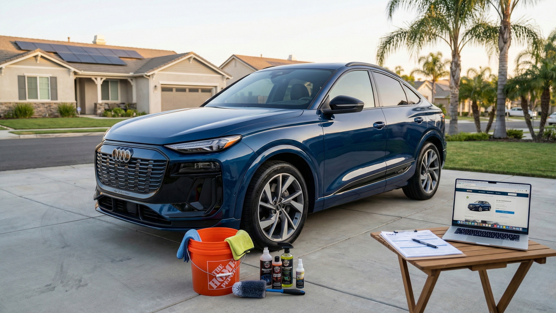 Audi Q6 Sportback e-tron blue SUV parked on a clean California driveway with detailing supplies and a laptop ready for a car sale.