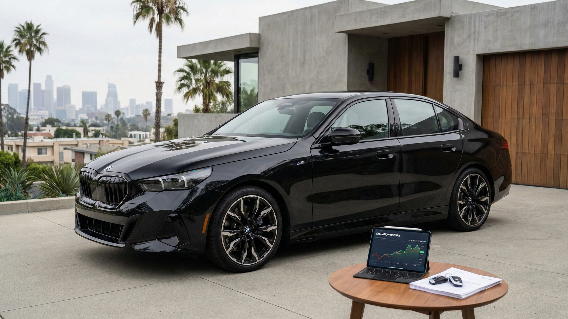 BMW i5 black sedan parked in a modern Los Angeles driveway with a laptop and keys ready for a California car sale.