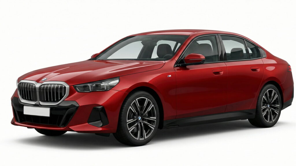 BMW i5 red sedan shown from the front side on a clean white background, ideal for California owners looking to sell their car fast.