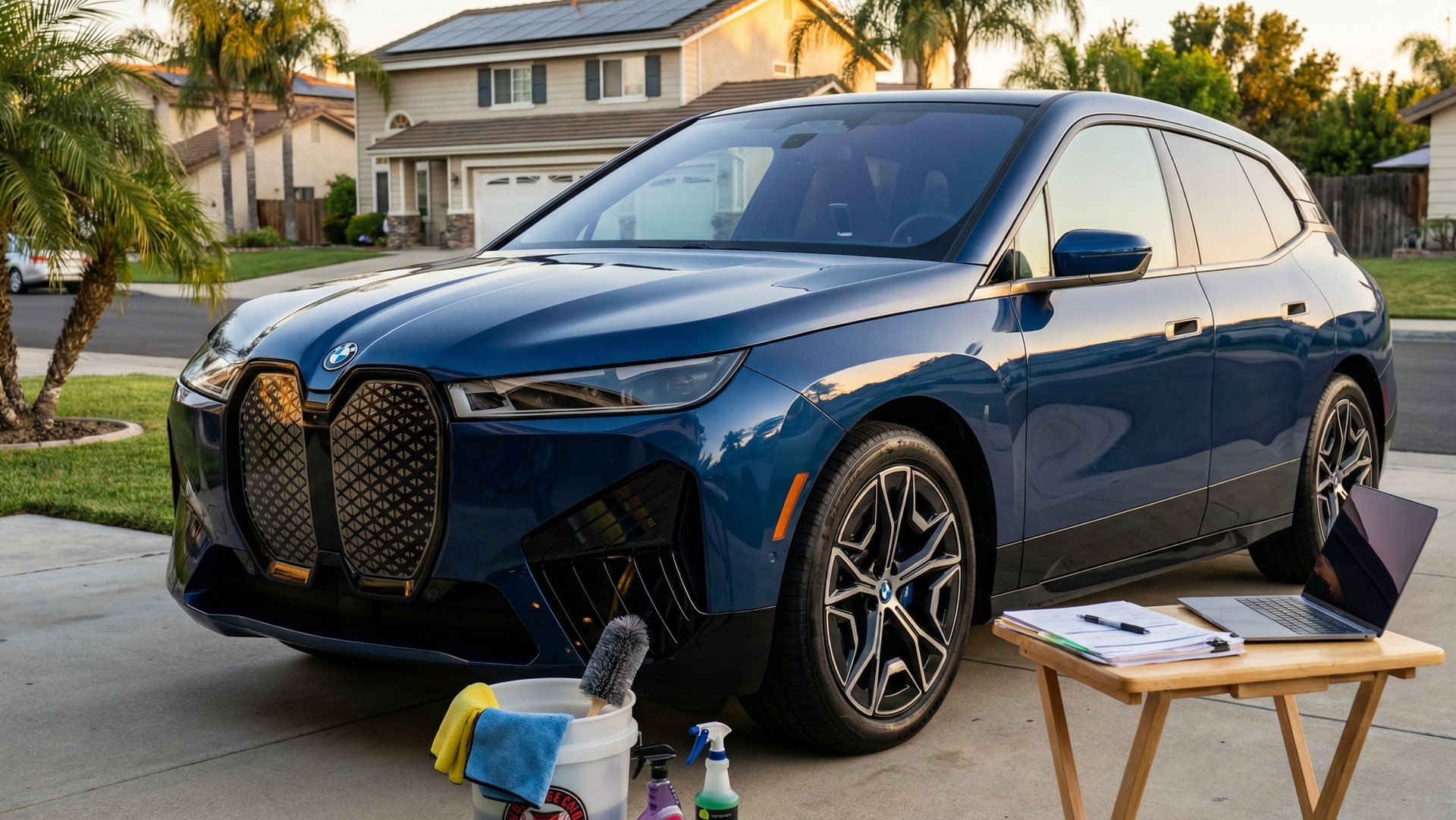 BMW iX blue SUV parked in a suburban California driveway with cleaning supplies and a laptop ready to sell the car.