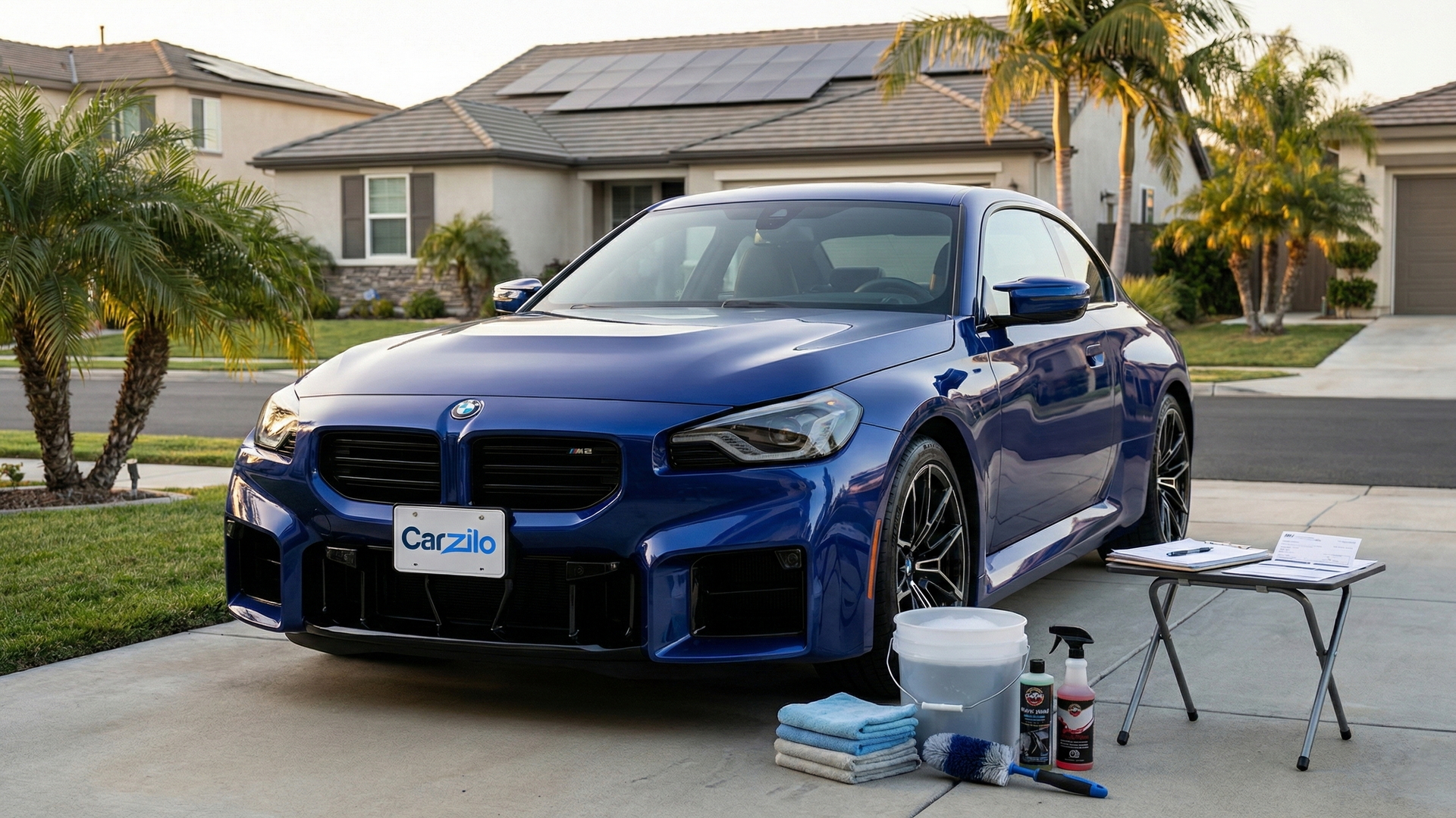 BMW M2 blue coupe parked in a suburban California driveway with cleaning supplies ready to prepare the car for sale.