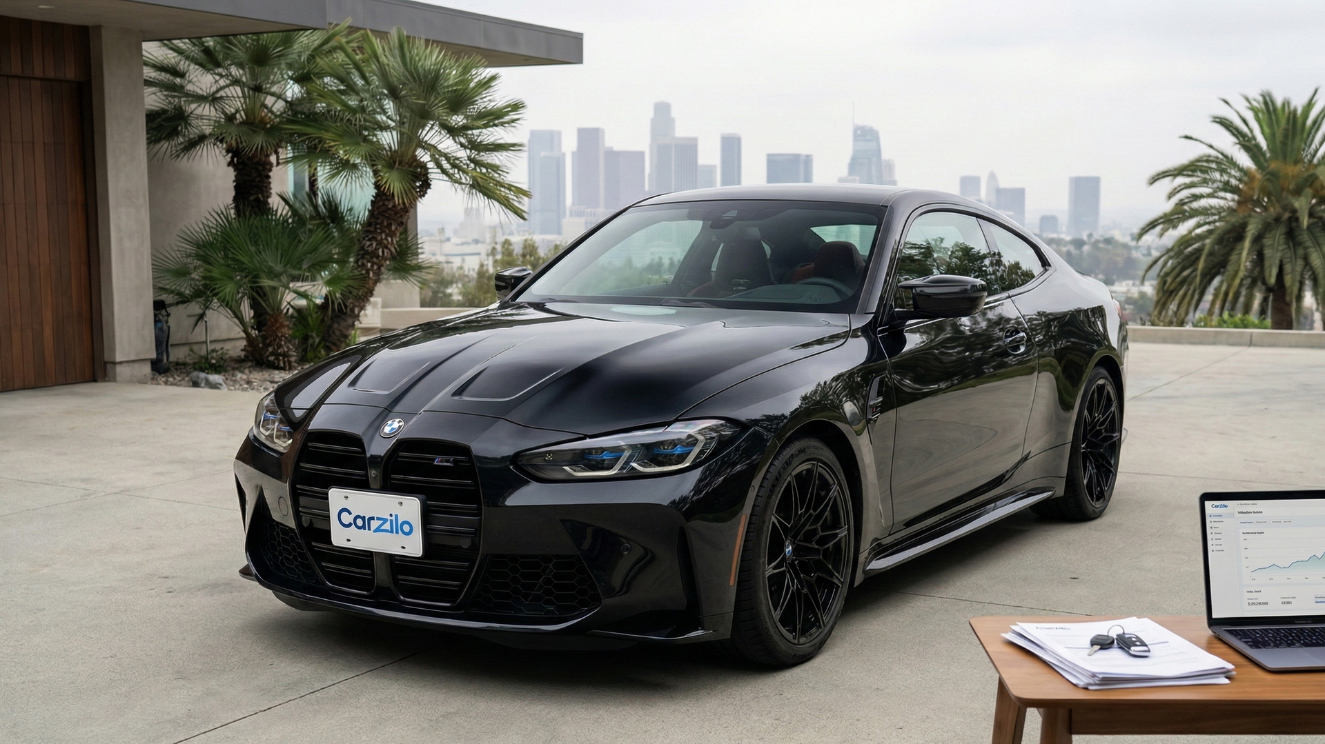BMW M4 black coupe parked at a modern California home with the city skyline in the background, illustrating an easy way to sell your car.