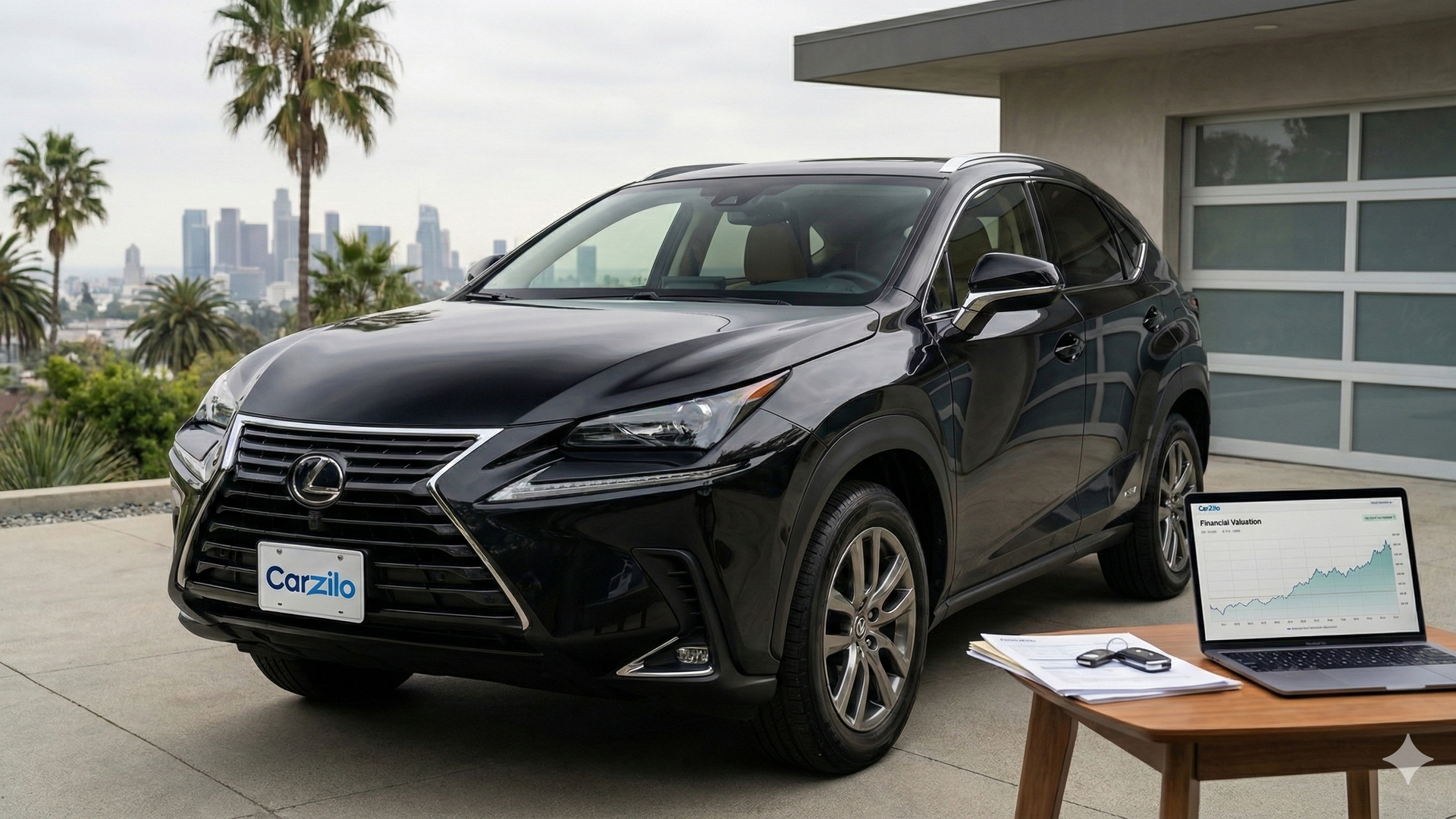 Lexus NX Valuation in Los Angeles Lexus NX black SUV parked at a modern Los Angeles home with a laptop showing a car valuation, illustrating an easy way to sell a car in California.