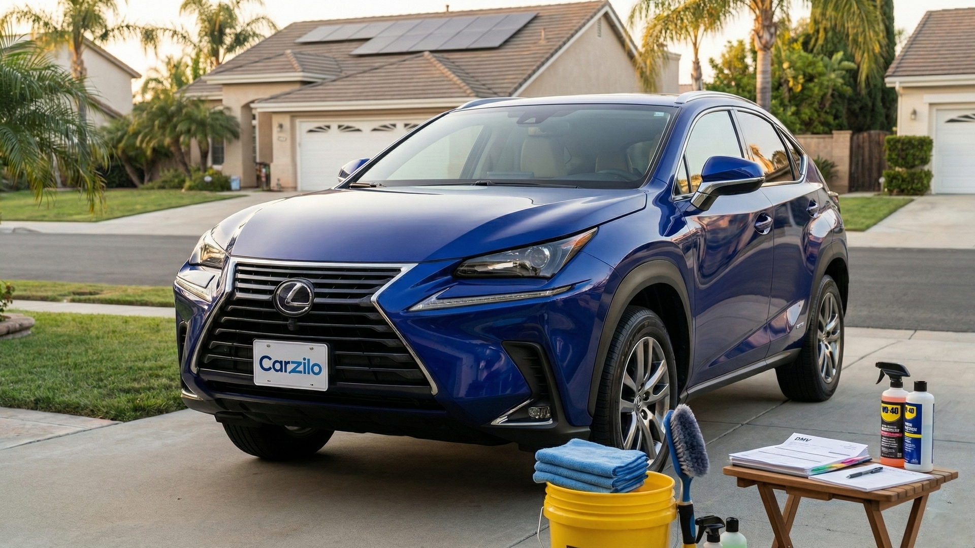 Get Your Lexus NX Sale-Ready in California Lexus NX blue SUV parked in a sunny California driveway with cleaning supplies and paperwork ready to prepare the car for sale.