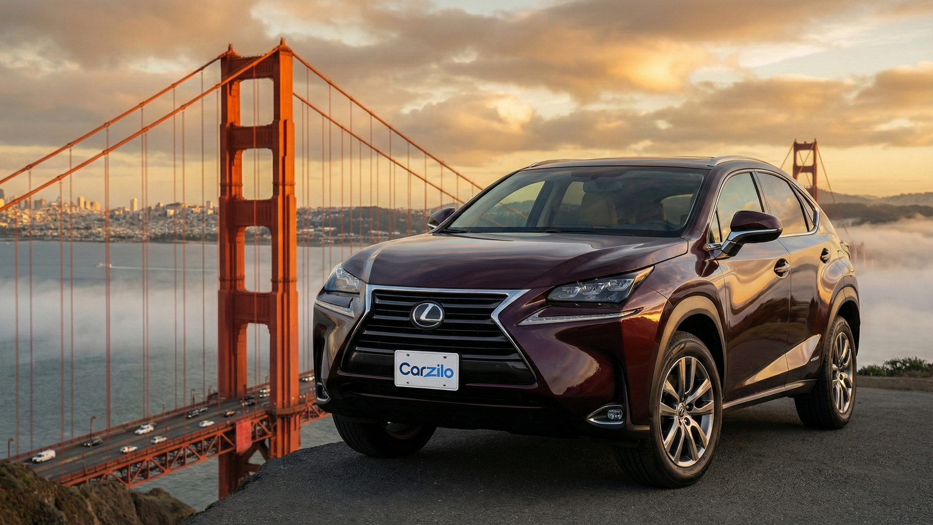 Sell Your Lexus NX in San Francisco Lexus NX dark red SUV parked on a cliffside overlook by the Golden Gate Bridge at sunset in California, ready for a quick car sale.