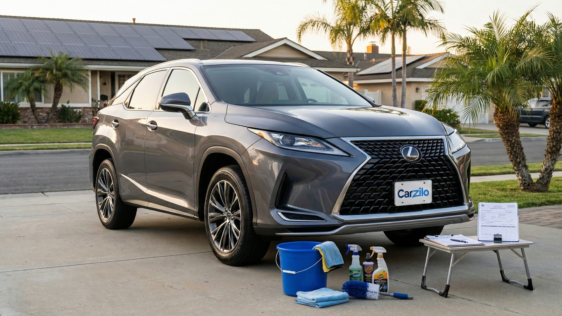 Clean LEXUS RX Ready to Sell in California LEXUS RX gray SUV parked on a suburban California driveway with cleaning supplies and paperwork ready for a car sale.