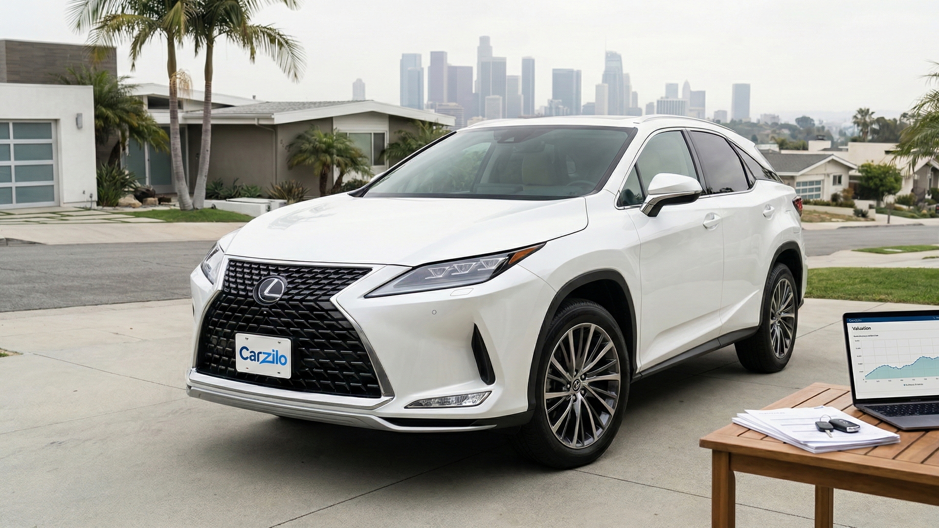 Sell Your LEXUS RX in Los Angeles LEXUS RX white SUV parked in a California driveway with city skyline and sales paperwork nearby for a quick car sale.