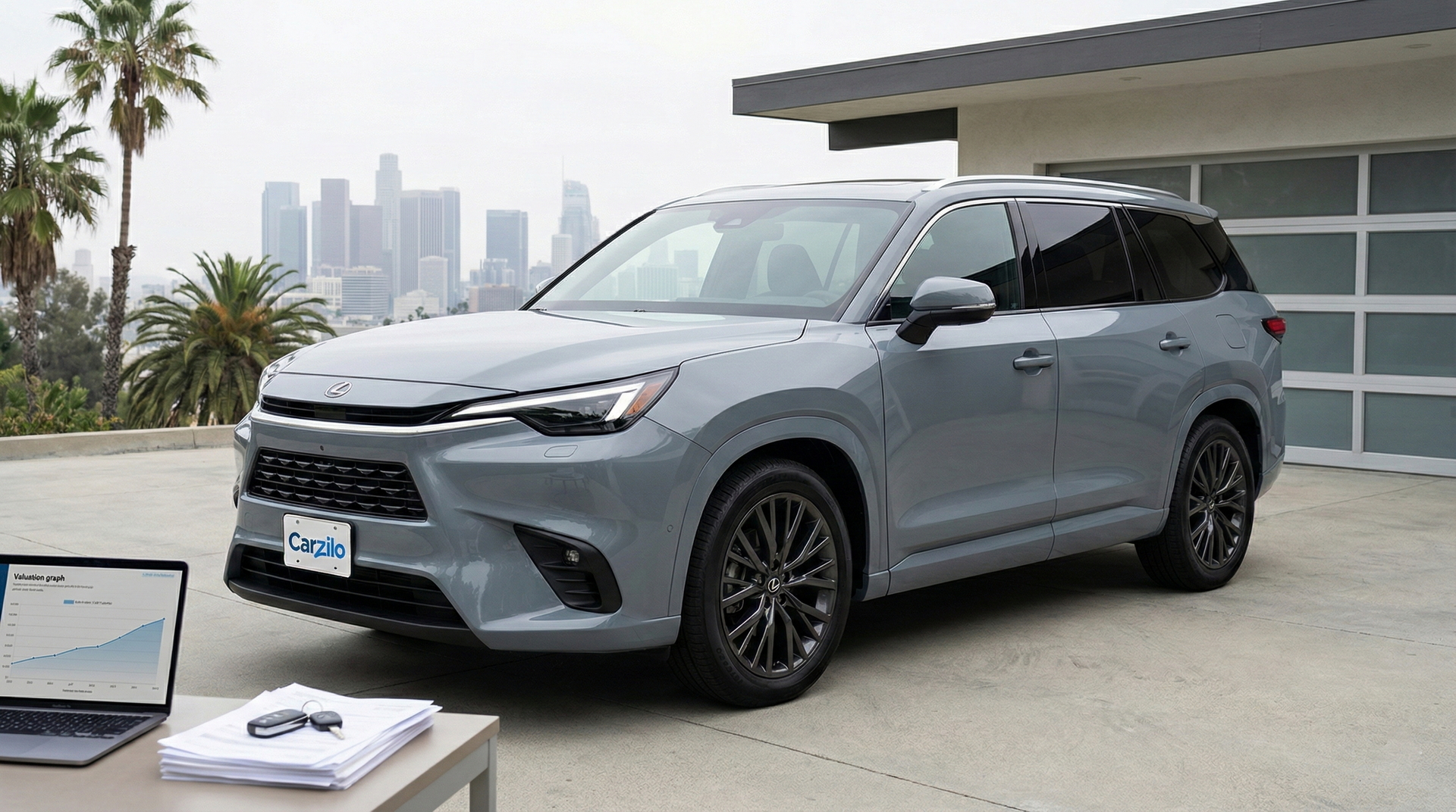 Los Angeles LEXUS TX Cash Offer Gray LEXUS TX SUV parked at a modern home overlooking downtown Los Angeles, ready to be sold in California.