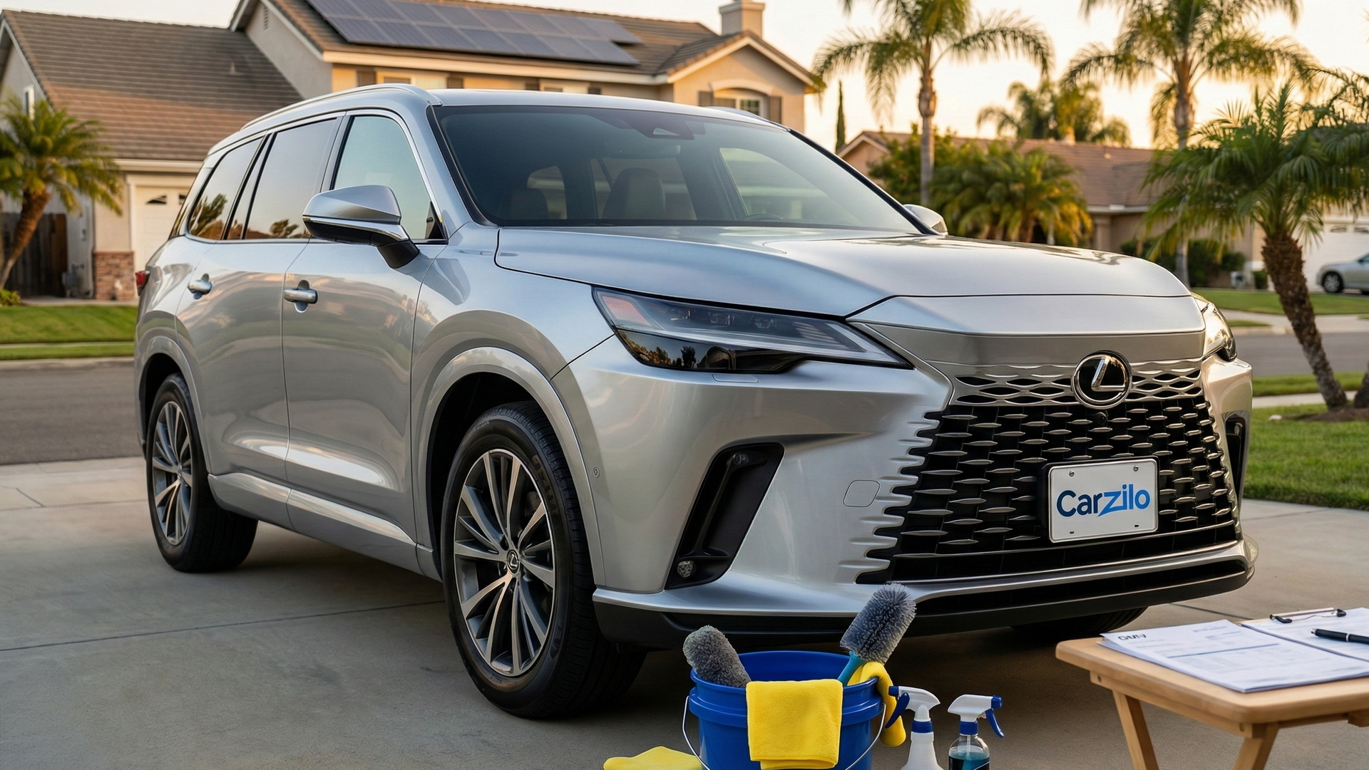 Get Top Dollar for Your LEXUS TX in California Silver LEXUS TX SUV parked in a sunny California driveway with cleaning supplies and paperwork ready to sell the car.