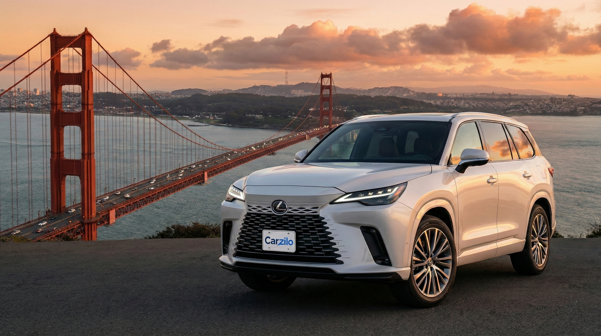 Sell Your LEXUS TX in San Francisco White LEXUS TX SUV parked near the Golden Gate Bridge at sunset, perfect for California drivers looking to sell their car.