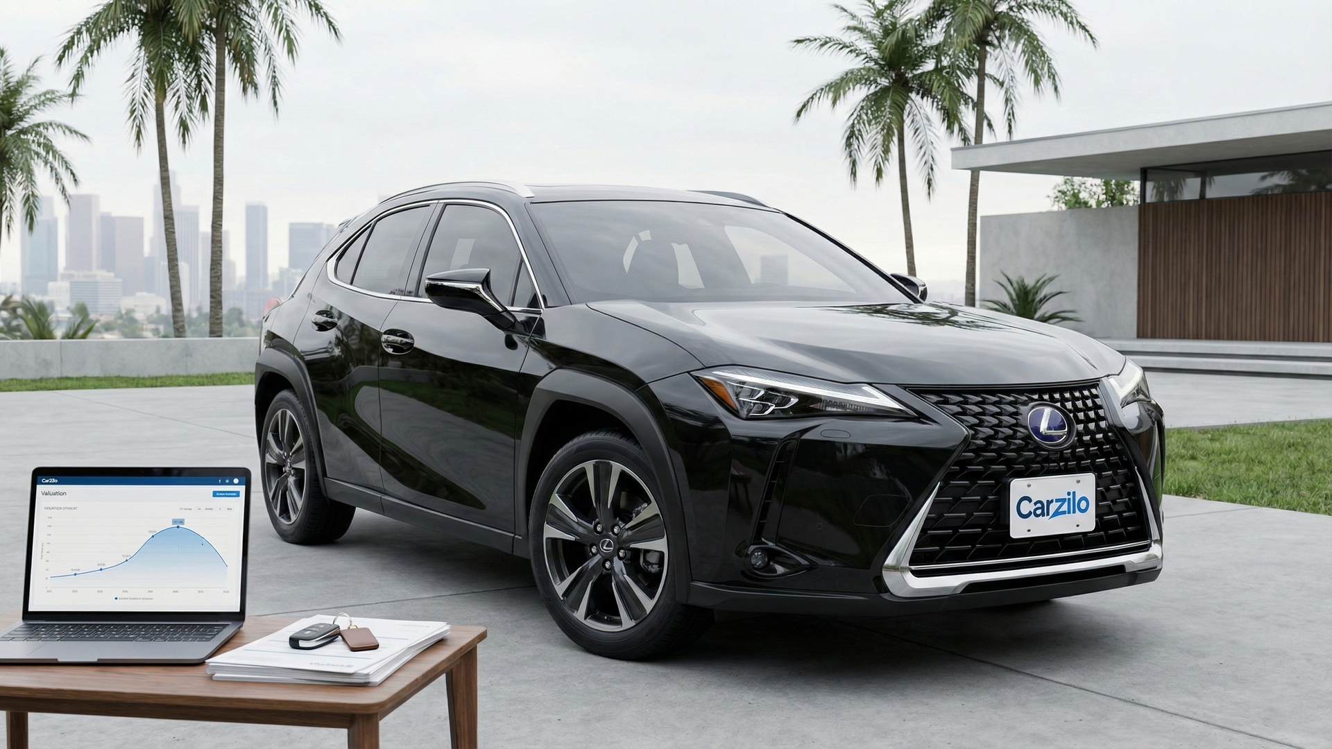 Lexus UX Online Valuation in California Lexus UX black compact SUV parked by a modern home with a laptop showing an online valuation for selling a car in California.