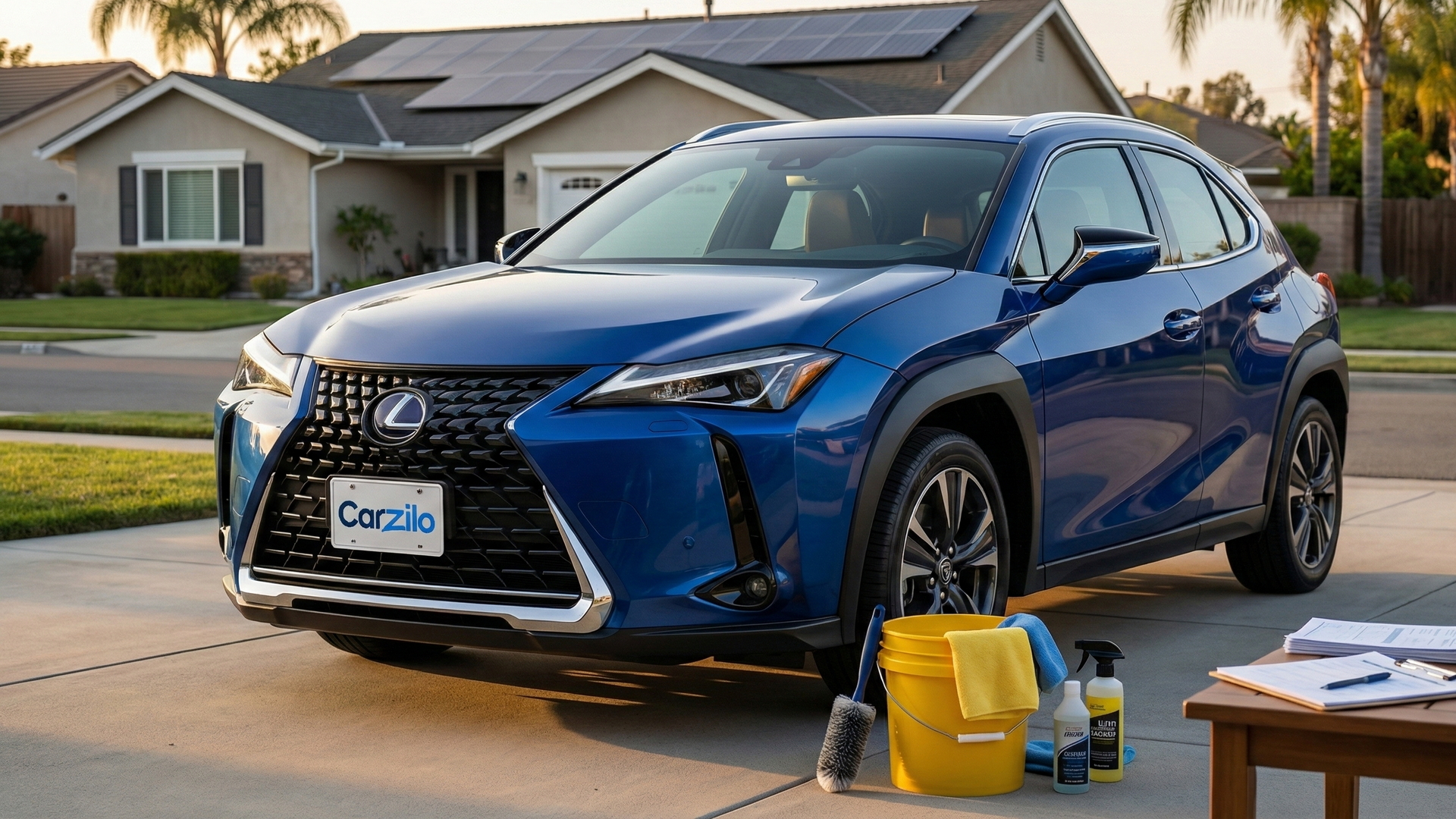 Get Your Lexus UX Ready to Sell in California Lexus UX blue compact SUV parked in a suburban California driveway with cleaning supplies and sale paperwork ready to sell the car.