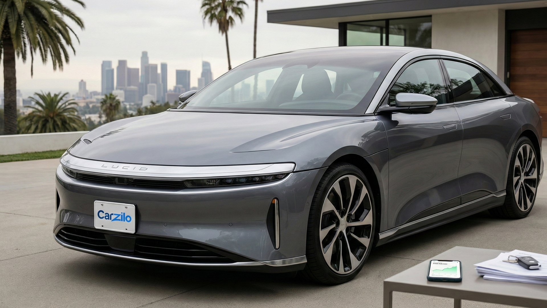 Sell Your Lucid Air Grand In California Lucid Air Grand gray electric sedan parked in a modern California driveway with the Los Angeles skyline in the background, ready for a quick car sale.