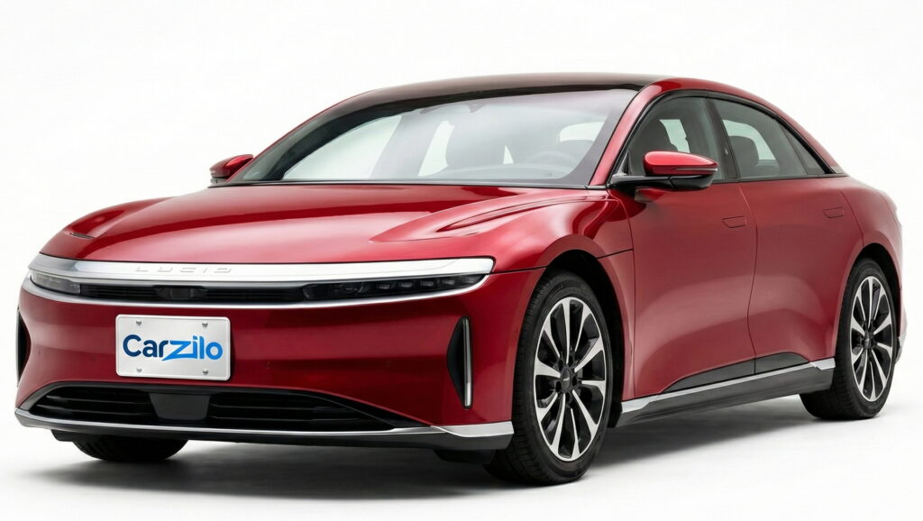 Sell Your Lucid Air Pure In California Lucid Air Pure red electric sedan shown from the front angle on a white background, ideal for owners looking to sell their car fast in California.