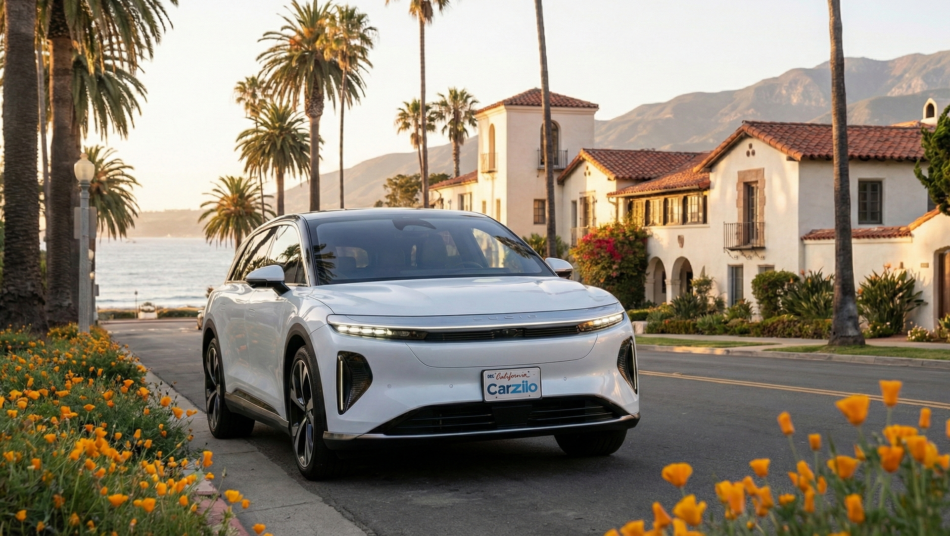 lucid-gravity-Sell Your Lucid Gravity in California-suv-california-street Lucid Gravity white electric SUV parked on a sunny California coastal street, ideal for drivers looking to sell their car fast.