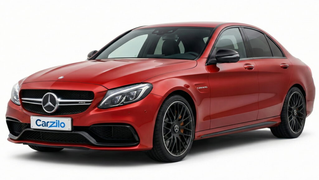 Mercedes-AMG C 63 S red sedan shown from a front side angle on a white background, representing a clean car ready to sell in California.