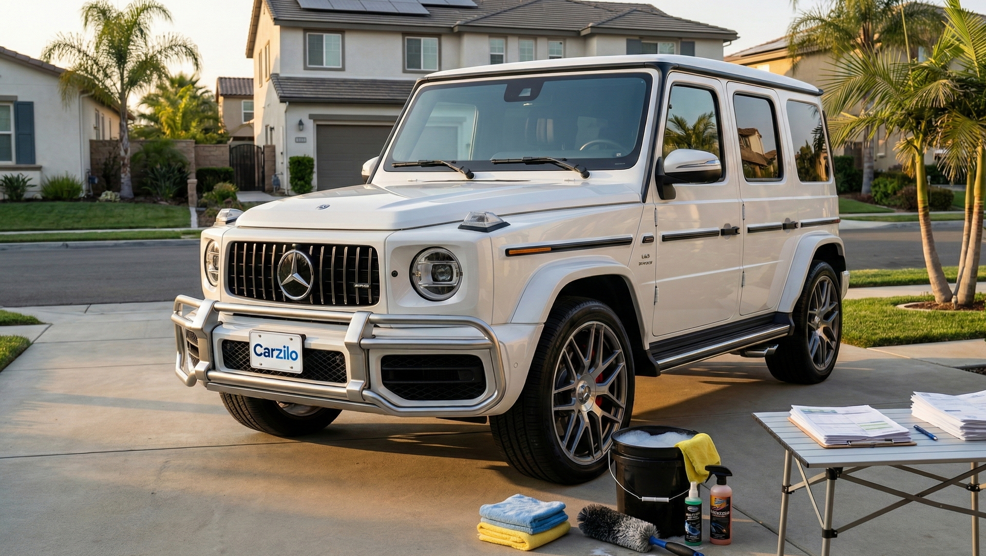 Mercedes-AMG G 63 SUV in white parked in a suburban California driveway with car wash supplies, ready to be sold.
