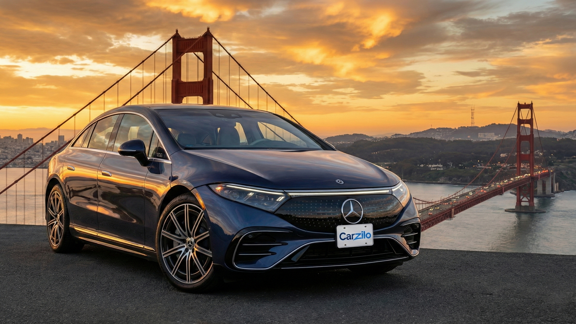 Sell Your Mercedes-Benz EQE Sedan in California Mercedes-Benz EQE Sedan in dark blue parked near the Golden Gate Bridge at sunset, ideal for California owners looking to sell their electric luxury sedan.