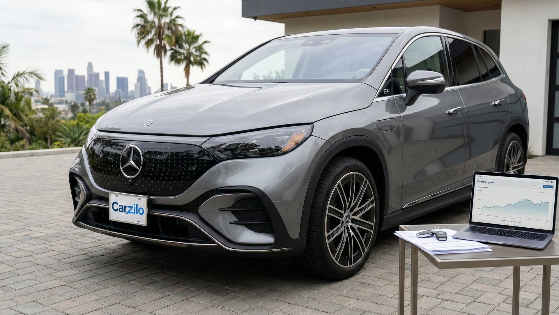 Mercedes-Benz AMGS SUV Ready to Sell in California Mercedes-Benz AMGS SUV in silver parked in a suburban California driveway with cleaning supplies and paperwork ready to sell the car.