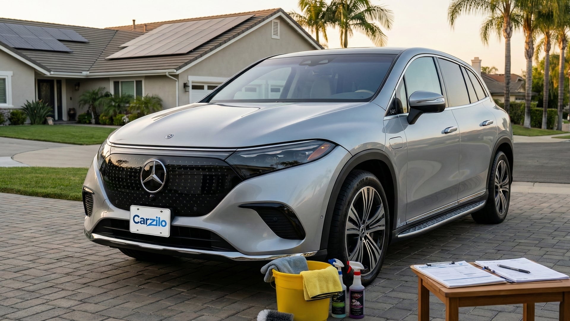 Sell Your Mercedes-Benz EQE SUV in California Mercedes-Benz EQE SUV in silver parked on a modern driveway with a laptop showing a valuation graph, set against a California city skyline for a car selling appraisal.