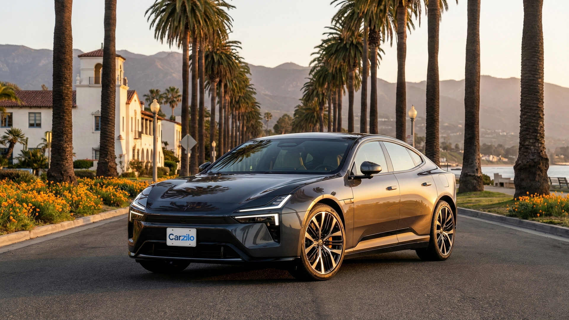 Sell Your Polestar 5 in California Polestar 5 dark gray sedan parked on a palm-lined California street at sunset.