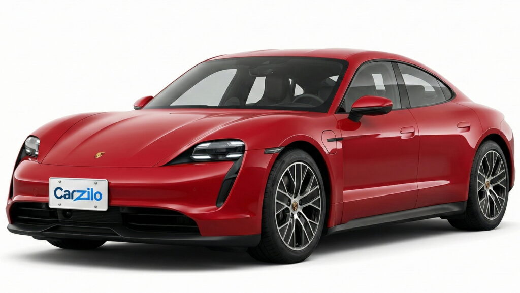 Porsche Taycan red electric sedan at a front angle on a clean white background, used for California drivers interested in selling their car.